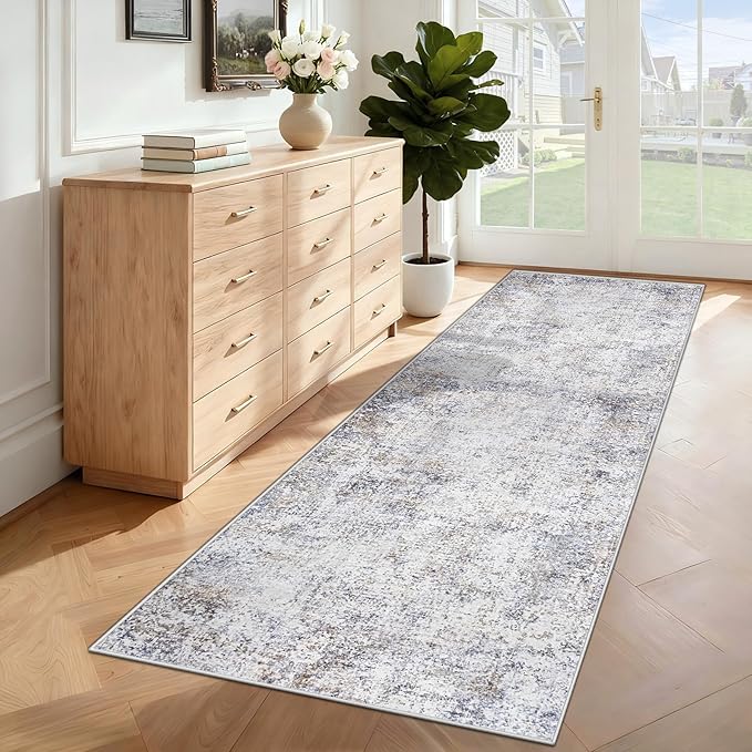 XLUEZ 2x7 Runner Rug for Hallway, Washable Modern Abstract Runner Rugs Neutral Soft Non Slip Kids Rug Stain Resistant Indoor Runners for Entryway Bedroom Kitchen Laundry Room(Bluegrey, 2'x7')