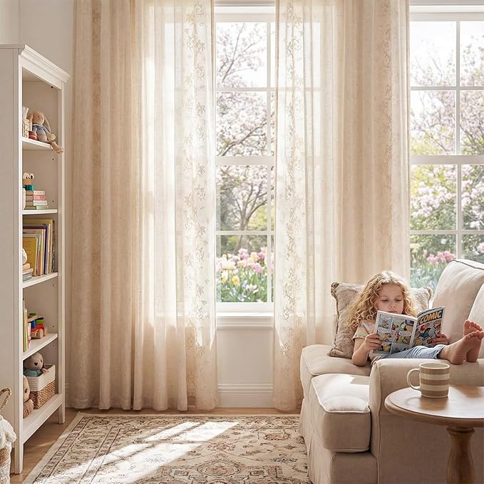 jinchan Evelyn Embroidered Linen Curtains for Living Room Farmhouse Floral Curtains for Bedroom Semi Sheer Light Filtering Window Drapes Rod Pocket Back Tab 2 Panels W50 x L96 Ivory