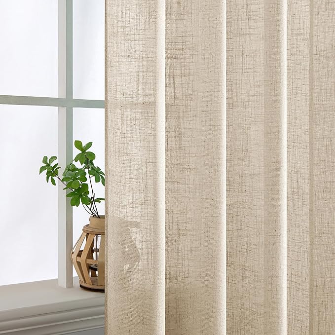 MIULEE Light Taupe Linen Curtains 90 Inch Long 2 Panels for Bedroom Living Room, Soft Linen Textured Window Drapes Semi Sheer Light Filtering Back Tab Rod Pocket Farmhouse Modern Burlap Look Decor