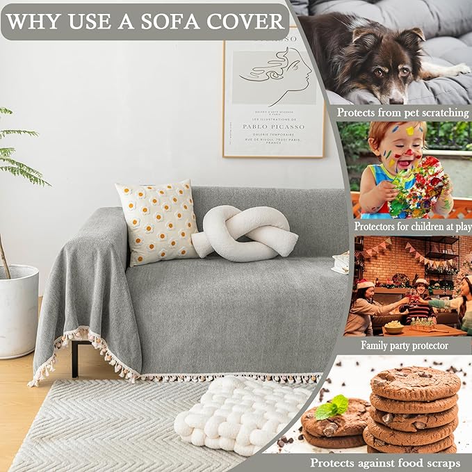 HANDONTIME Couch Slipcovers for Sofas Dark Grey Couch Cover Sofa Cover for Dogs Boho Pet Couch Protector with Tassel Sectional Throw Cover Chenille Herringbone Couch Cover for 3 Seat Sofa, 91" X150"