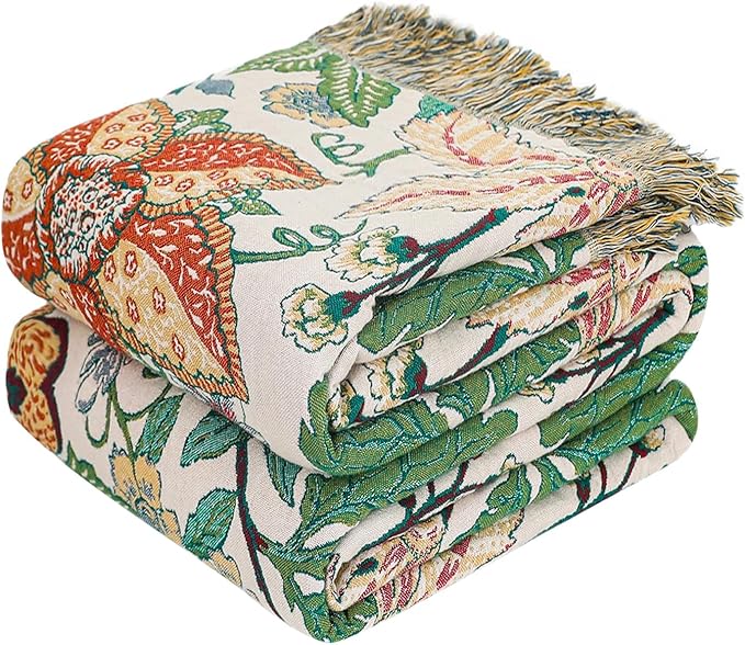 MSGKV Boho Throw Blanket for Bed Twin Size 100% Cotton Floral Blanket 60"x80" Lightweight Farmhouse Muslin Spring Breathable Couch Blankets Home Decor All Seasons