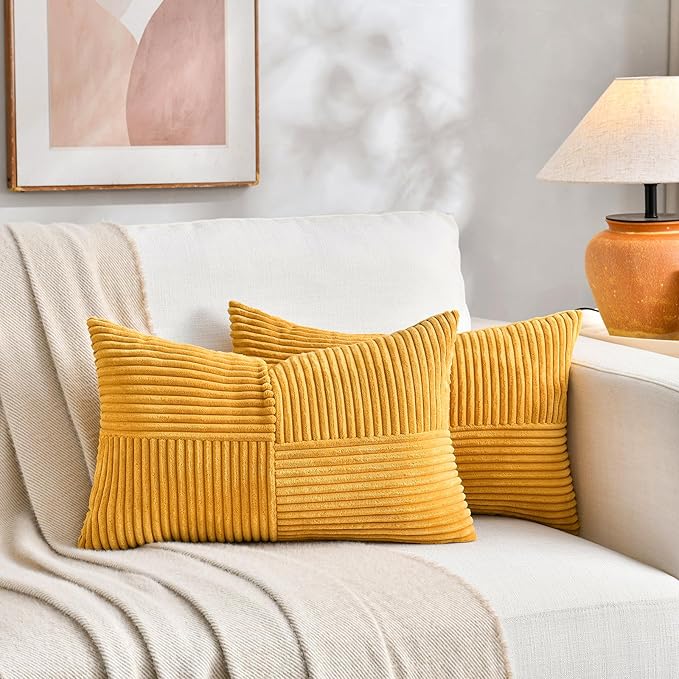 Fancy Homi 2 Packs Gold Yellow Lumbar Decorative Throw Pillow Covers 16x28 Inch for Couch Bed Sofa, Rustic Farmhouse Boho Spring Home Decor, Soft Striped Corduroy Rectangle Accent Cushion Case 40x70cm