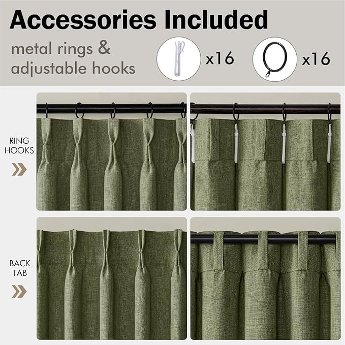 MIULEE Olive Green Pinch Pleated Thick Linen Curtains 102 Inches Long 2 Panels for Living Room Bedroom, Linen Texture Drapes Memory Trained Semi Sheer Moss Green Window Curtains with Hooks&Rings