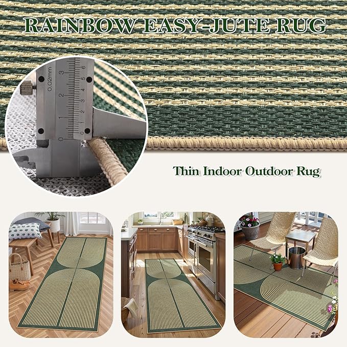 Lahome Enfys Modern Rainbow Easy Jute Entryway Runner Rug, Washable Carpet Runners for Hallway 6ft, Farmhouse Non Slip Stain Resistant Kitchen Mats for Floor Laundry Room Porch Bedroom, Dark Green