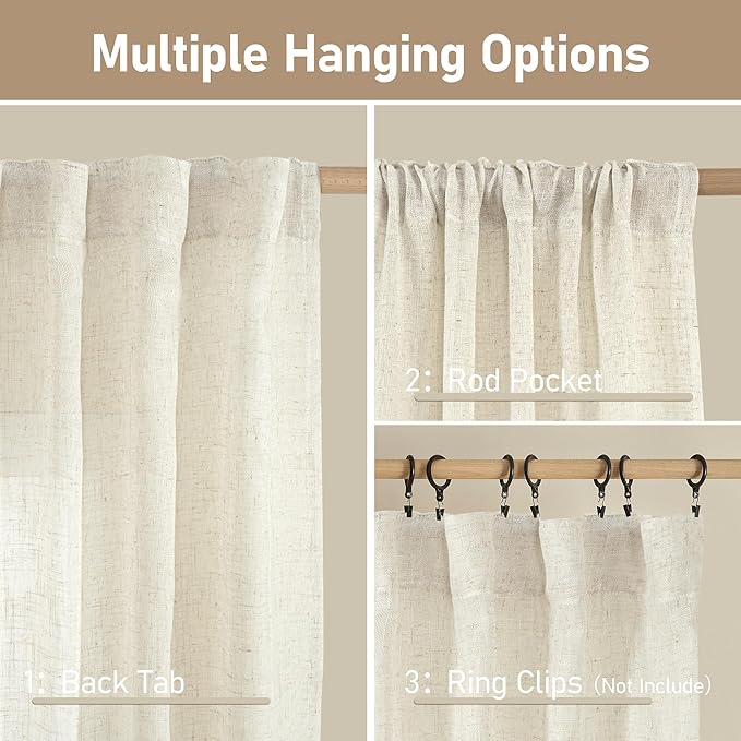 LAMIT Linen Sheer Curtains 72 Inch Length 2 Panels, Linen Textured Light Filtering Semi Sheer Back Tab and Rod Pocket Burlap Boho Neutral Drapes for Bedroom/Living Room, Ivory Cream, 52 x 72 Inch