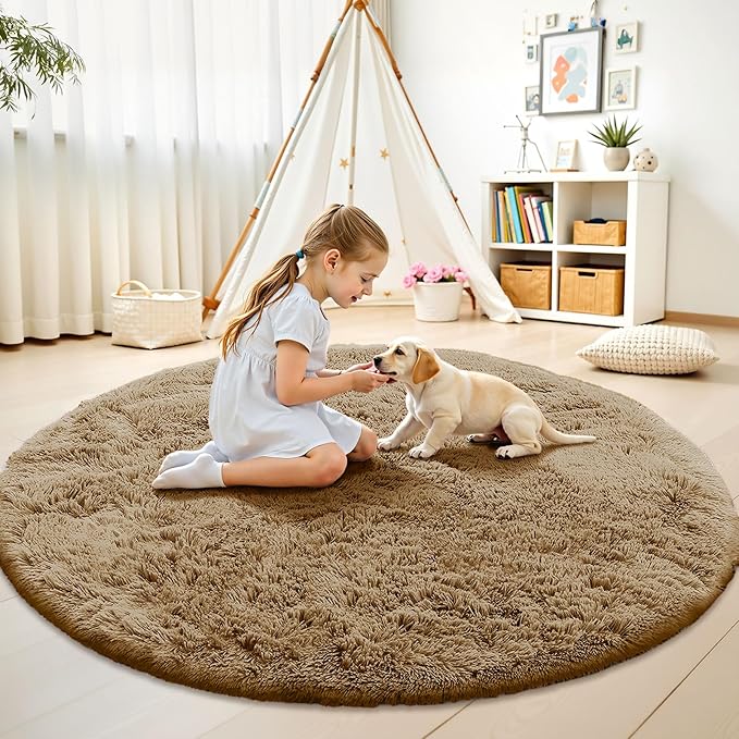 OLANLY Taupe Round Rugs for Bedroom - Machine Washable, 6 ft Circle Area Rugs for Living Room, Soft and Fluffy Shaggy Carpet for Teen Girl and Boys, Nursery Rooms, Dorms, Home Decor Aesthetic