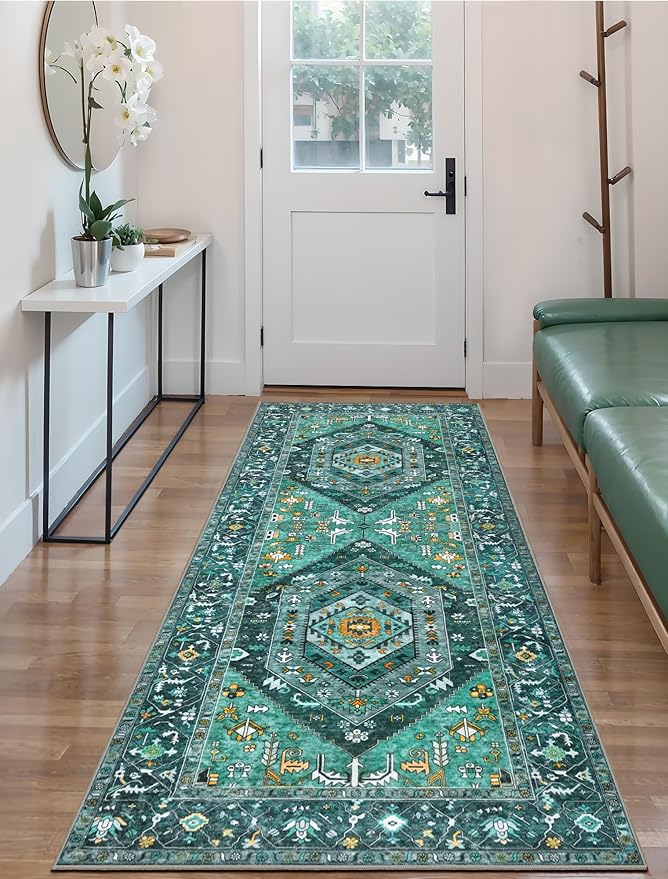 SERISSA Boho Kitchen Runner Rug, 3x7 Washable Non-Slip Runner Rug for Hallways Kitchen Rug, Ultra Soft Vintage Teal Print Distressed Tribal Floor Carpet Runner for Bedroom Entryway Laundry Room