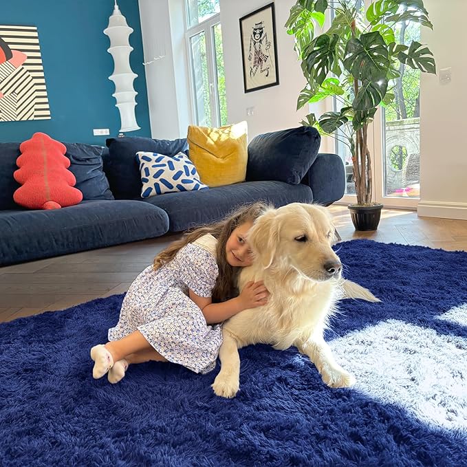 OLANLY 2x5 Machine Washable Runner Rugs for Hallway, Soft Fluffy Shaggy Bedside Rugs for Bedroom, Living Room, Indoor Floor Carpet for Kids Girls Boys, Nursery Rooms, Home Decor Aesthetic, Navy Blue