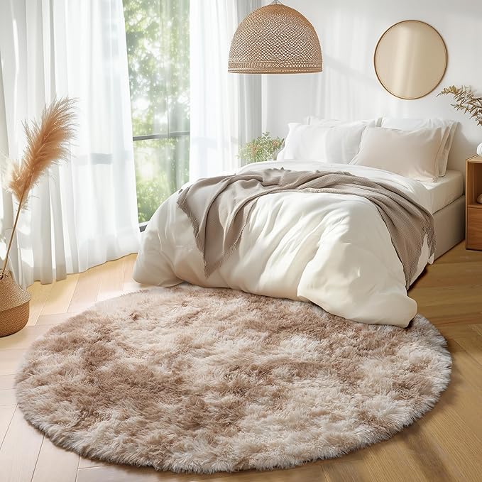 Amdrebio Tie-Dyed Beige Tan Round Area Rug 4Ft for Bedroom, Fluffy Plush Shag Furry Circle Rugs for Kids Room, Living Room Decor Aesthetic, Cute Fuzzy Neutral Carpet for Baby Nursery Playroom Dorm