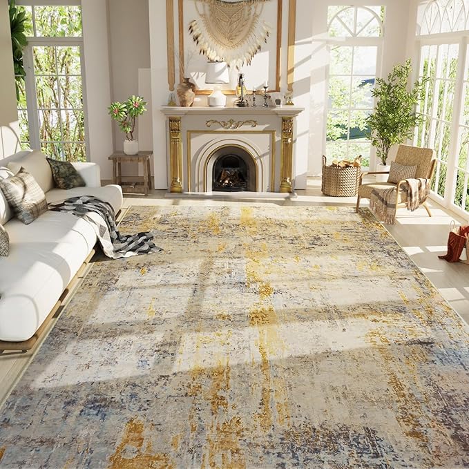Ompaa Living Room Rug 8x10 Beige Area Rugs Machine Washable Abstract Boho Large Carpet Non-Slip Non-Shedding Faux Wool Indoor Vintage Rug for Bedroom, Classroom, Dining Room, Kids Playroom