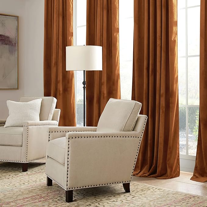 RYB HOME Orange Velvet Curtains 72 inches with Hook Belt, Soft Fabric Room Darkening Thermal Insulated Luxurious Home Decor Curtains for Living Room Bedroom, W 52" x L 72", 2 Panels Set