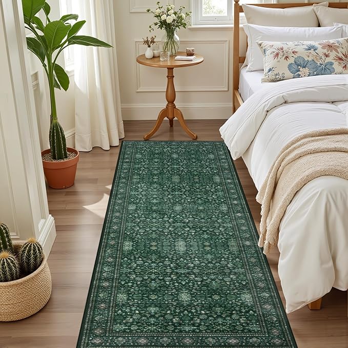 Hallway Runner Rug Non Slip - Washable 2.6x8 Kitchen Rugs for Living Room, Low-Pile Soft Bedroom Rug Indoor Floor Stain Resistant Carpets for Entryway, Laundry, Bathroom Deep Green