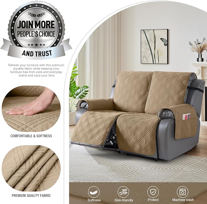 TAOCOCO 100% Waterproof Loveseat Recliner Covers 2 Seater, Split Loveseat Covers for Reclining loveseat, Non Slip Reclining Couch Cover with Double Straps for Kids, Pets(2 Seater, Camel)