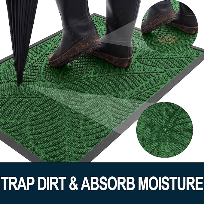 Colorxy Waterproof Doormat, Sturdy Natural Rubber Front Indoor Mat, Non Slip Low Profile Indoor Outdoor Door Mats, Stain and Fade Resistant Floor Mat, Easy Clean Patio Entrance Mat, 47''x24'', Green
