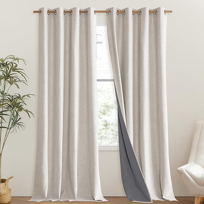NICETOWN Brich Vintage Open Linen Weave Flax Thermal Curtains, 100% Blackout Curtains 95" Long for Dining Room, Soundproof Window Treatment Drapes for Bedroom, 52" Wide Per Panel, Set of 2