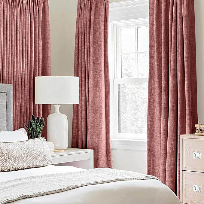 MIULEE 100% Blackout Linen Textured Curtains for Bedroom Solid Thermal Insulated Dusty Rose Grommet Room Darkening Curtains & Drapes Luxury Decor for Living Room Nursery 42 x 63 Inch (2 Panels)