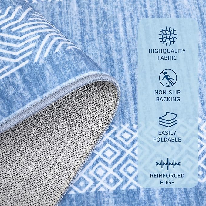 GarveeHome 2.5x8 Modern Bordered Runner Rug Soft Non Slip Washable Floor Carpet Distressed Geometric Hallway Indoor Printed Rug for Kitchen Entrance, Light Blue
