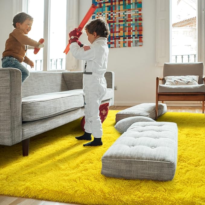 Amearea Premium Soft Fluffy Rug Modern Shag Carpet, 9x12 Feet, Fuzzy Shaggy Rugs for Bedroom Living Room Teen Apartment Decor, Comfortable Indoor Furry Dorm Carpets, Yellow