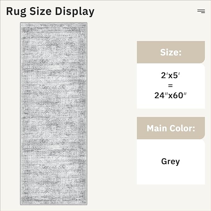 Runner Rug 2x5 Washable Non-Slip Kitchen Runner Rugs for Bathroom Laundry Room Grey Vintage Floor Carpet Runners for Hallway Entryway