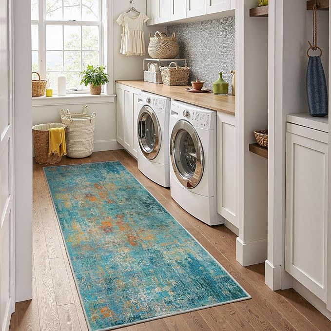Washable Area Rugs 2'x8' Non-Slip Modern Abstract Soft for Living Room Entryway Bedroom Nursery, Print Pattern, Teal Blue Green Orange Rust Red Coloreful