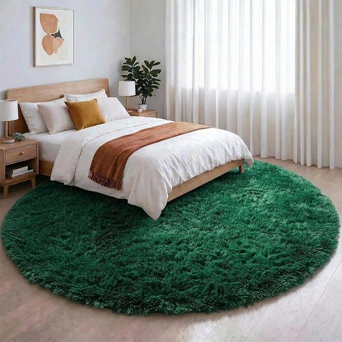 Amdrebio Dark Green Round Rug 4Ft for Bedroom, Fluffy Fuzzy Circle Area Rugs for Living Room Decor, Shaggy Emerald Green Rugs for Kids, Teen Boys, Baby Nursery, Furry Plush Floor Carpet for Classroom