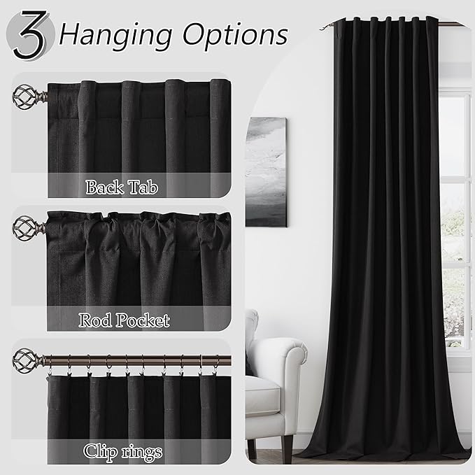 Guken Black 100% Blackout Curtains 90 Inch Length 2 Panels Set for Living Room Bedroom Back Tab Thermal Insulated Black Out Linen Drapes Room Darkening Window Curtains 90 Inches Long
