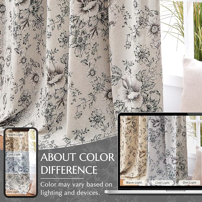 jinchan Blackout Floral Curtains for Living Room Bedroom Linen Blend Curtain Farmhouse Black Printed with Lined Back Tab Rod Pocket Drapes Window Treatments 2 Panels 72 Inch