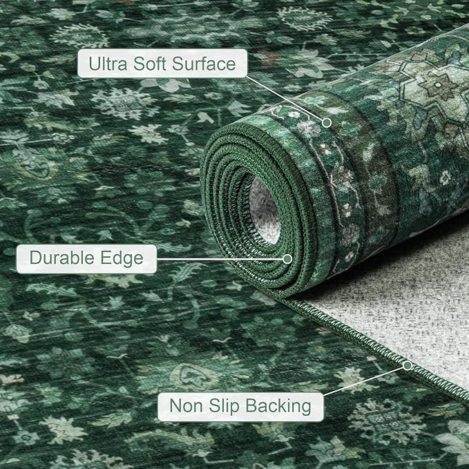 6x9 Area Rugs Living Room Rug: Washable Vintage Distressed Floral Rug No Slip Stain Resistant Soft Carpet Indoor Large Carpets for Bedroom Dining Room Farmhouse Nursery Home Office Deep Green