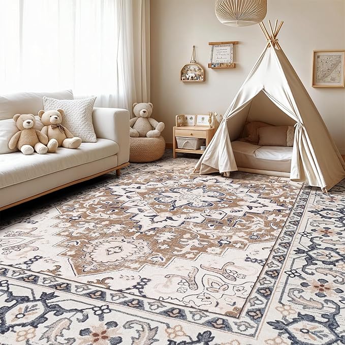 Lofus 10x14 Area Rugs for Living Room, Washable Area Rug, Big Rugs for Bedroom, Kitchen, Vintage Boho Carpet, Soft Non-Slip, Low Pile Large Area Rug for Office Dining Room, Floral Brown