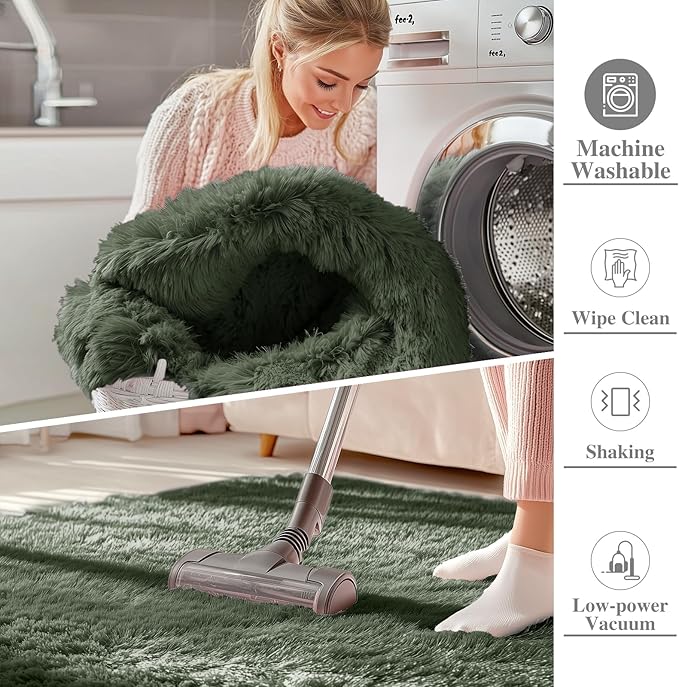 OLANLY 3x5 Machine Washable Small Bedside Rug, Soft Fluffy Shaggy Rugs for Living Room, Bedroom, Indoor Floor Carpet for Kids Girls and Boys, Preppy Dorms, Nursery, Home Decor Aesthetic, Olive Green