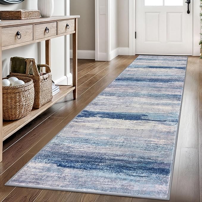 KOZYFLY Modern Abstract Hallway Runner Rug, 2.6x8 Washable Rug Runner Non-Slip Soft Striped Kitchen Runner Rugs, Print Blue/Grey/Beige Carpet Runner for Entryway Bathroom Laundry Room Foyer