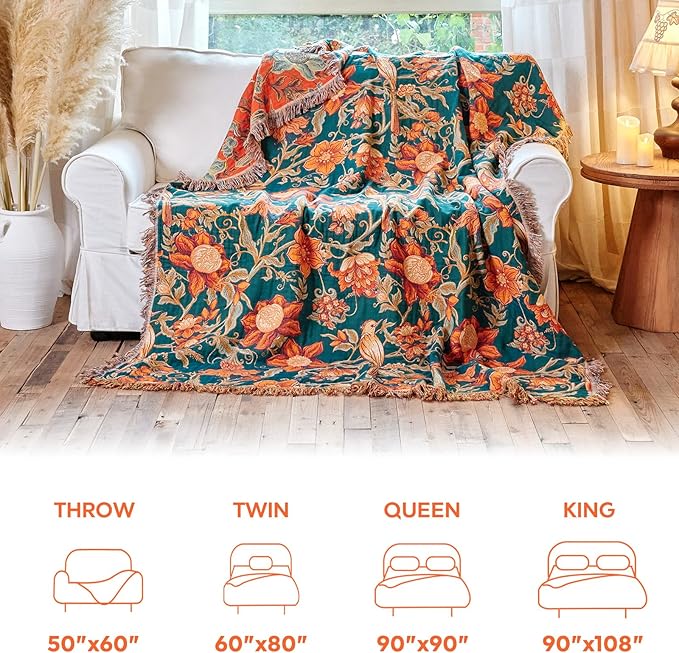 MSGKV Boho Throw Blanket for Bed Twin Size 100% Cotton Floral Bird Blanket 60"x80" Sofa Couch Blankets Muslin Spring Breathable Lightweight Farmhouse Blankets Boho Home Decor All Seasons