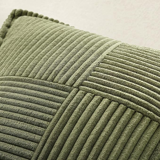 MIULEE Olive Green Corduroy Pillow Covers 16x16 Inch with Splicing Set of 2 Soft Boho Striped Pillow Covers Broadside Decorative Textured Summer Pillowcases for Couch Cushion Bed Livingroom