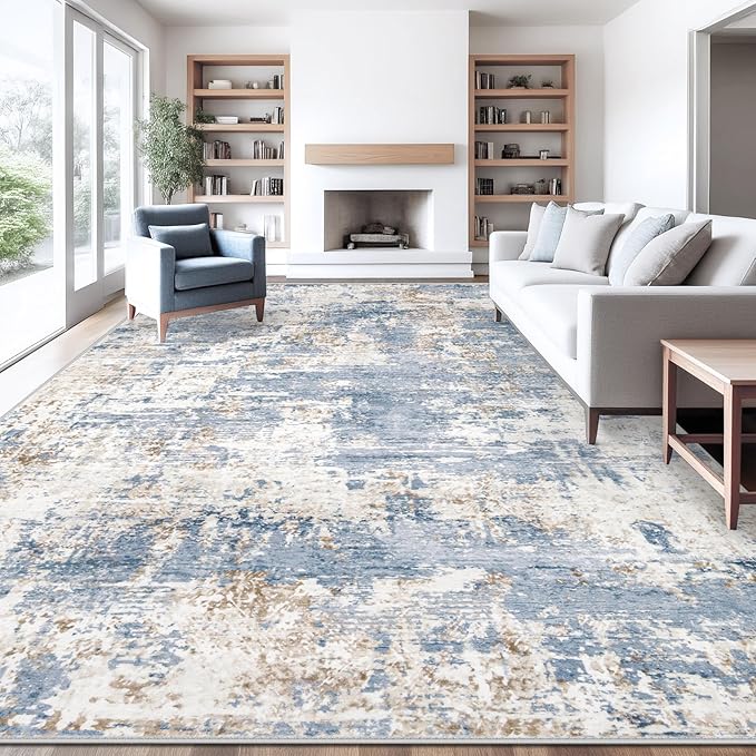 XLUEZ 10x14 Area Rugs for Living Room, Washable Modern Abstract Large Area Rug Neutral Soft Non Slip Kids Rug Stain Resistant Indoor Carpet for Bedroom Dining Room Playroom Home Office(Blue, 10'x14')