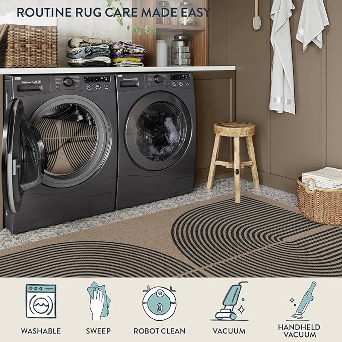 Lahome Enfys Modern Rainbow Round Rug, 6ft Easy Jute Circle Patio Rug Washable Indoor Outdoor Living Room Carpet, Farmhouse Natural Contemporary Round Carpet for Entryway Backyard