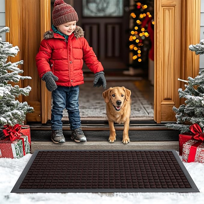 Smiry Front Door Mat Outside Entrance, Heavy Duty Natural Rubber Doormat, Non Slip, Trap Dirt and Moisture, Easy Clean, Low Profile Welcome Floor Mats for Indoor Outdoor Entry, 35x23 Inch, Brown