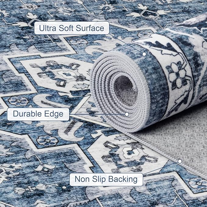 5x7 Area Rugs Living Room Rug: Washable Vintage Boho Medallion Rug No Slip Stain Resistant Soft Carpet Indoor Floor Large Carpets for Bedroom Dining Room Farmhouse Nursery Hallway Home Office Blue