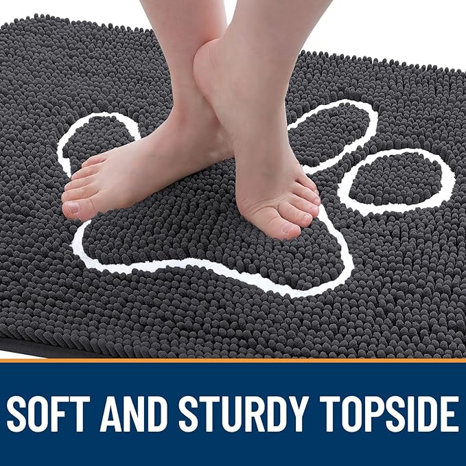OLANLY Dog Door Mat for Muddy Paws 59x32, Paw Print Design, Absorbs Moisture and Dirt, Absorbent Non-Slip Washable Doormat, Quick Dry Chenille Mud Mat for Dogs, Entry Indoor Entryway Carpet, Dark Grey