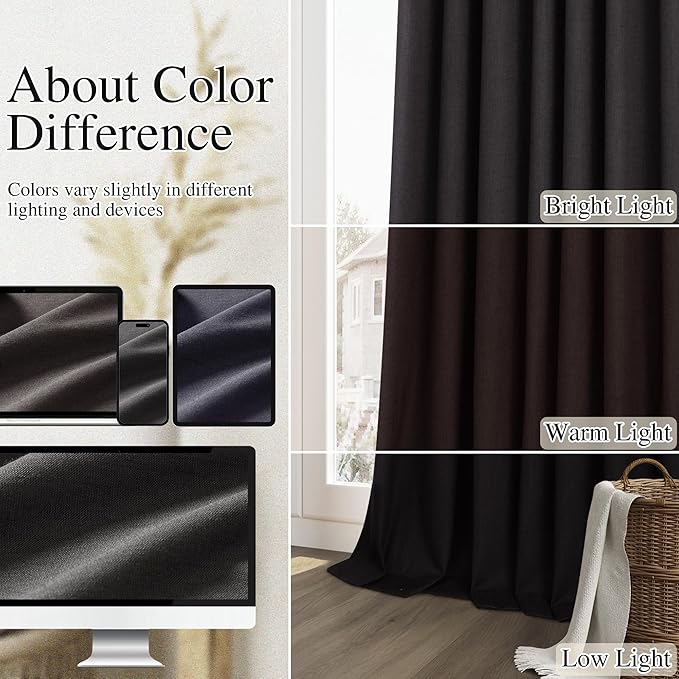 Guken Black 100% Blackout Curtains 120 Inch Length 2 Panels Set for Living Room Bedroom Back Tab Thermal Insulated Black Out Linen Drapes Room Darkening Window Curtains,52x120