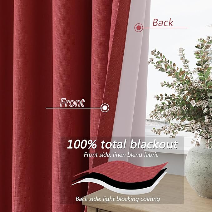 Guken Red 100% Blackout Linen Curtains 108 Inch Length 2 Panels Set for Living Room Bedroom Back Tab Thermal Insulated Black Out Drapes Room Darkening Farmhouse Window Curtains,52x108