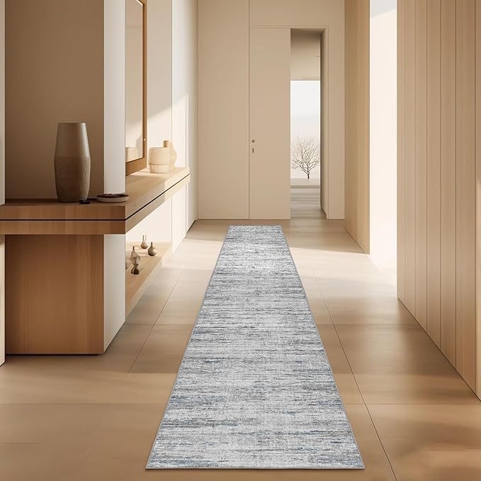 2x10 Runner Rug Non-Slip，Modern Abstract 10ft Washable Runner Rugs for Hallways, Ultra-Thin Long Kitchen Rug Runners,Stain Resistant Floor Carpet for Bedroom,Laundry Room,Entryway（Blue/Grey,2'x10'）