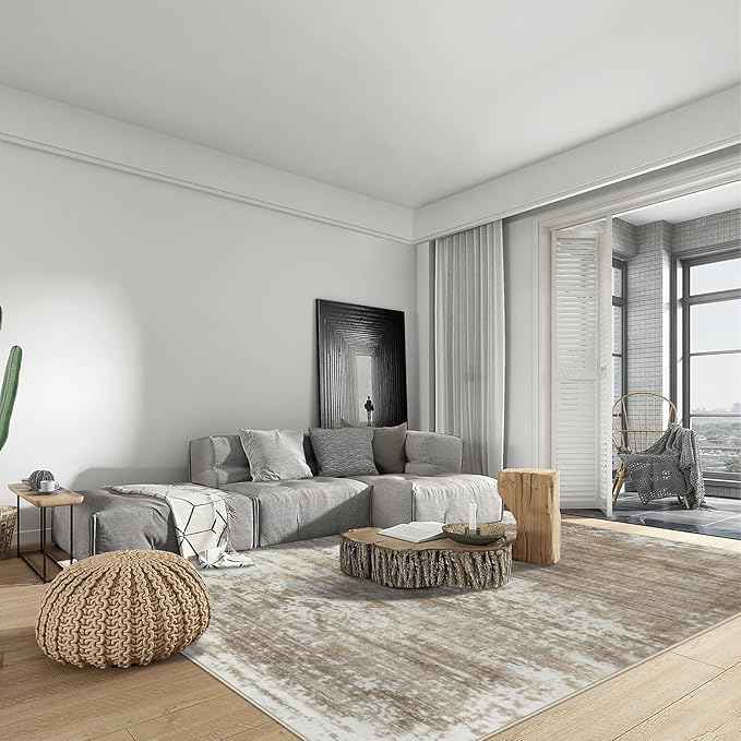 6x9 Area Rugs Washable Rug: Large Modern Abstract Living Room Rug Soft Anti-Skid Thin Carpet Indoor Floor Non-Shedding Carpets for Bedroom Dining Room Farmhouse Nursery Home Office Brown White