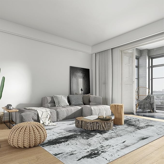 9x12 Area Rugs Washable Rug: Modern Abstract Living Room Rug Soft Anti-Skid Thin Carpet Indoor Floor Non-Shedding Carpets for Bedroom Dining Room Farmhouse Nursery Home Office Black White Grey