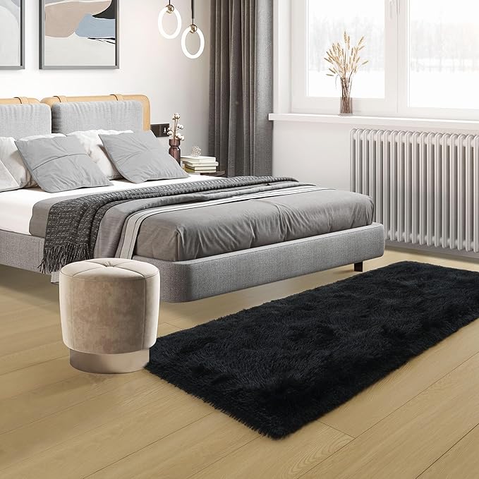 Tepook Soft Runner Rugs for Bedroom 2x6 ft with Rubber Backing, Black Fluffy Rugs for Living Room, Shag Bedside Rug Fuzzy Plush Carpet for Room, Area Rug for Dorm Nursery Hallway Indoor Home Decor