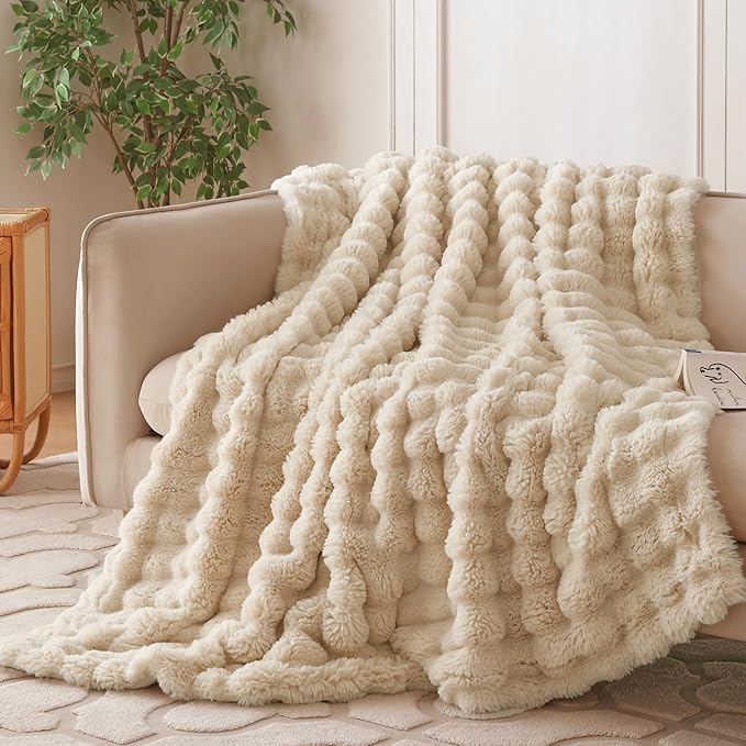 COOVA Faux Fur Throw Blanket for Couch, Cozy Soft and Fuzzy Plush Rabbit Fur Bubble Blanket for Sofa Bedroom Living Room, 50x60 Inches Light Taupe