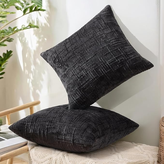 decorUhome Black Chenille Euro Sham Throw Pillow Covers 24x24 Set of 2 Textured Soft Cozy Slubby Couch Pillow Covers Modern Farmhouse Boho Decorative Pillow Cases for Bed Sofa Living Room