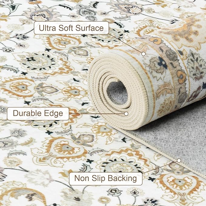 Area Rugs 10x14 Living Room Rug: Washable Rug Soft Vintage Boho Carpet Indoor Floor Non-Slip Stain Resistant Large Carpets for Bedroom Dining Room Farmhouse Nursery Home Office Beige
