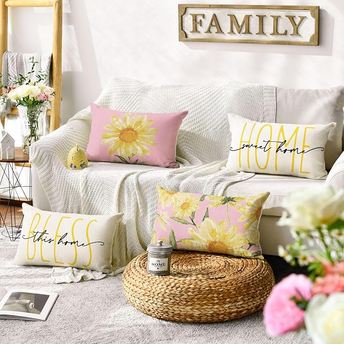 AVOIN colorlife Home Sweet Home Spring Summer Flowers Pink Throw Pillow Covers, 12 x 20 Inch White Cushion Case for Sofa Couch Set of 4