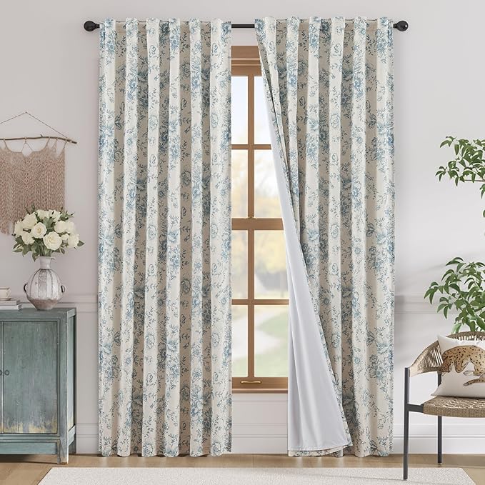 jinchan Blackout Floral Curtains for Living Room Bedroom Linen Blend Curtain Farmhouse Blue Printed with Lined Back Tab Rod Pocket Drapes Window Treatments 2 Panels 84 Inch