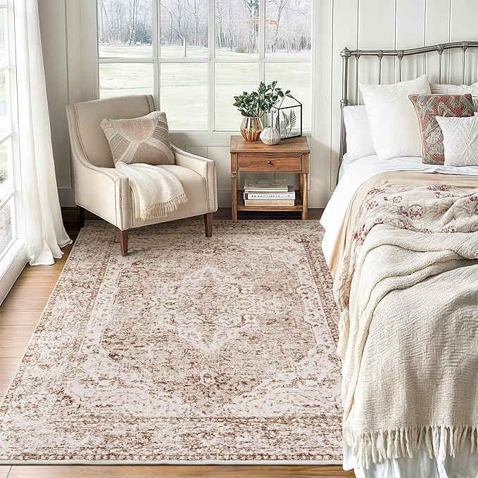 Lofus 3x5 Area Rugs for Living Room, Machine Washable Area Rug, Soft Small Rugs for Bedroom, Kitchen, Office and Indoor, Vintage Boho Carpet, Non-Slip Low Pile Carpets, Vintage Beige Brown